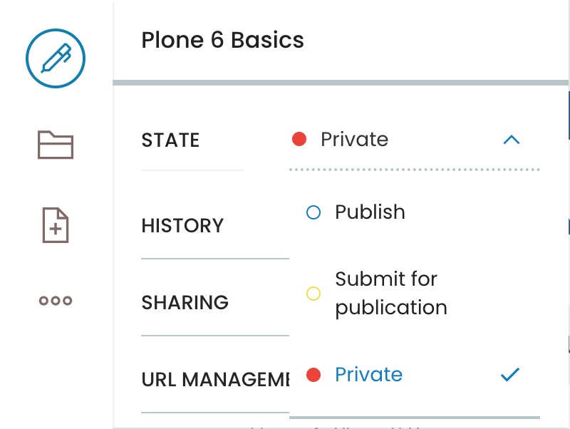 The workflow State menu with Publish, Submit for publication and Private options.