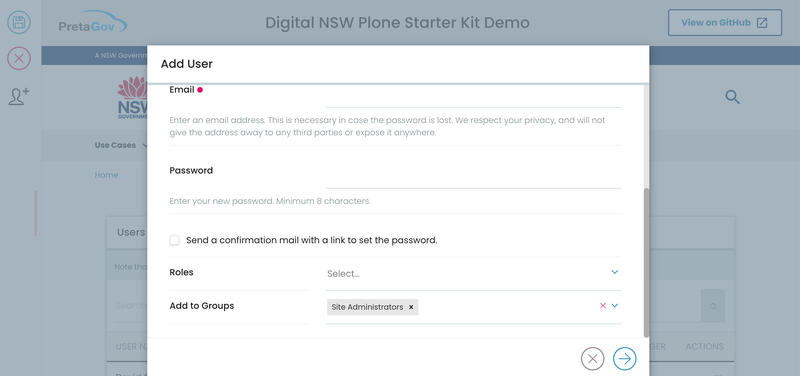 The Add User dialog: email, password, Roles and Add to Groups fields.