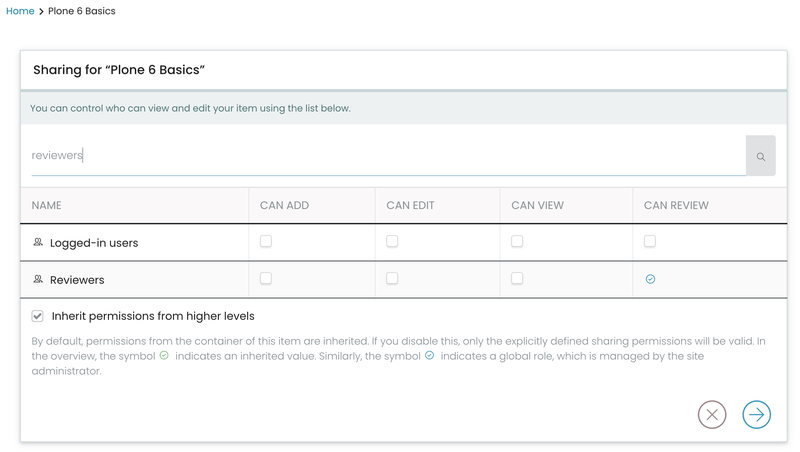 The Sharing panel with Can add, edit, view and review checkboxes and an inherit-permissions toggle.